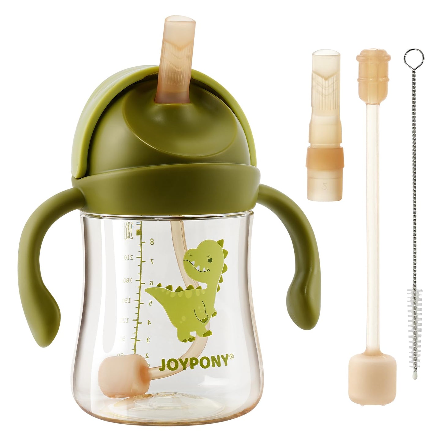 Joypony PPSU mācību krūzīte ar salmiņu un svērto lodīti, 266ml (9oz) bērnu dzeramā pudele, neizšļakstoša, iekļauti 2 salmiņi un tīrīšanas birstīte, krūzīte ar salmiņu no 6 mēnešiem, bez BPA, zaļa