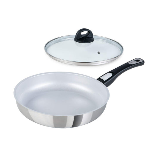 Genius Cerafit Steel 28cm panna - keramikas nelīpošs pārklājums, stikla vāks, noņemams rokturis, piemērota visiem plīts veidiem