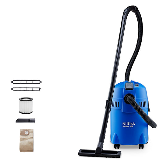Nilfisk Buddy II 18L - 1200W wet and dry vacuum cleaner for home, garden, and car use, suitable for indoor and outdoor cleaning.