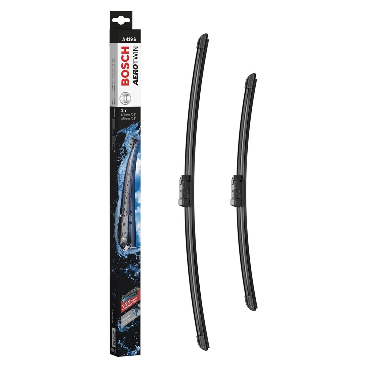 Bosch Aerotwin A419S priekšējie stikla tīrītāji, komplekts ar 2 slotiņām un iepriekš samontētu adapteri, 600 mm un 450 mm