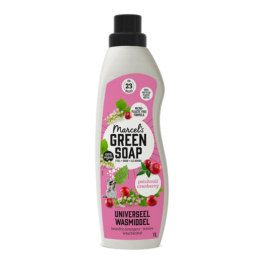 Marcel's Green Soap universālais veļas mazgāšanas līdzeklis Patschuli & Cranberry, baltai un krāsainai veļai, vegāns, formula bez mikroplastmasas, 100% pārstrādāta plastmasas pudele, 23 mazgāšanas reizes, uzpildāms, 1L