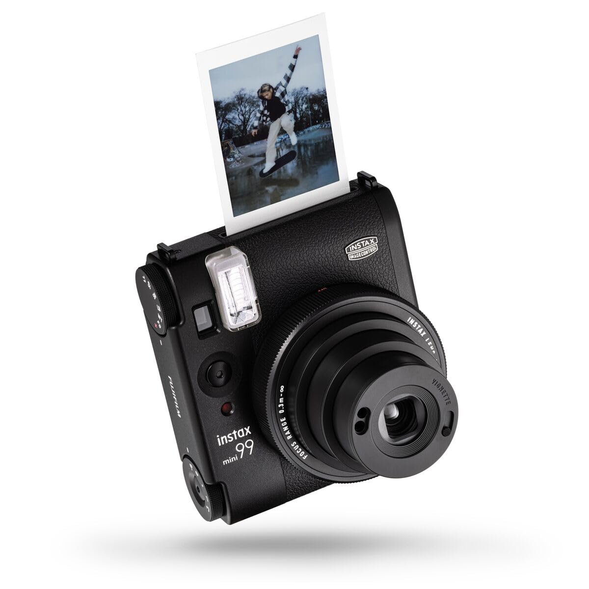 INSTAX Mini 99 Melns - Compact instant camera with sleek design, built-in flash, and easy-to-use features.
