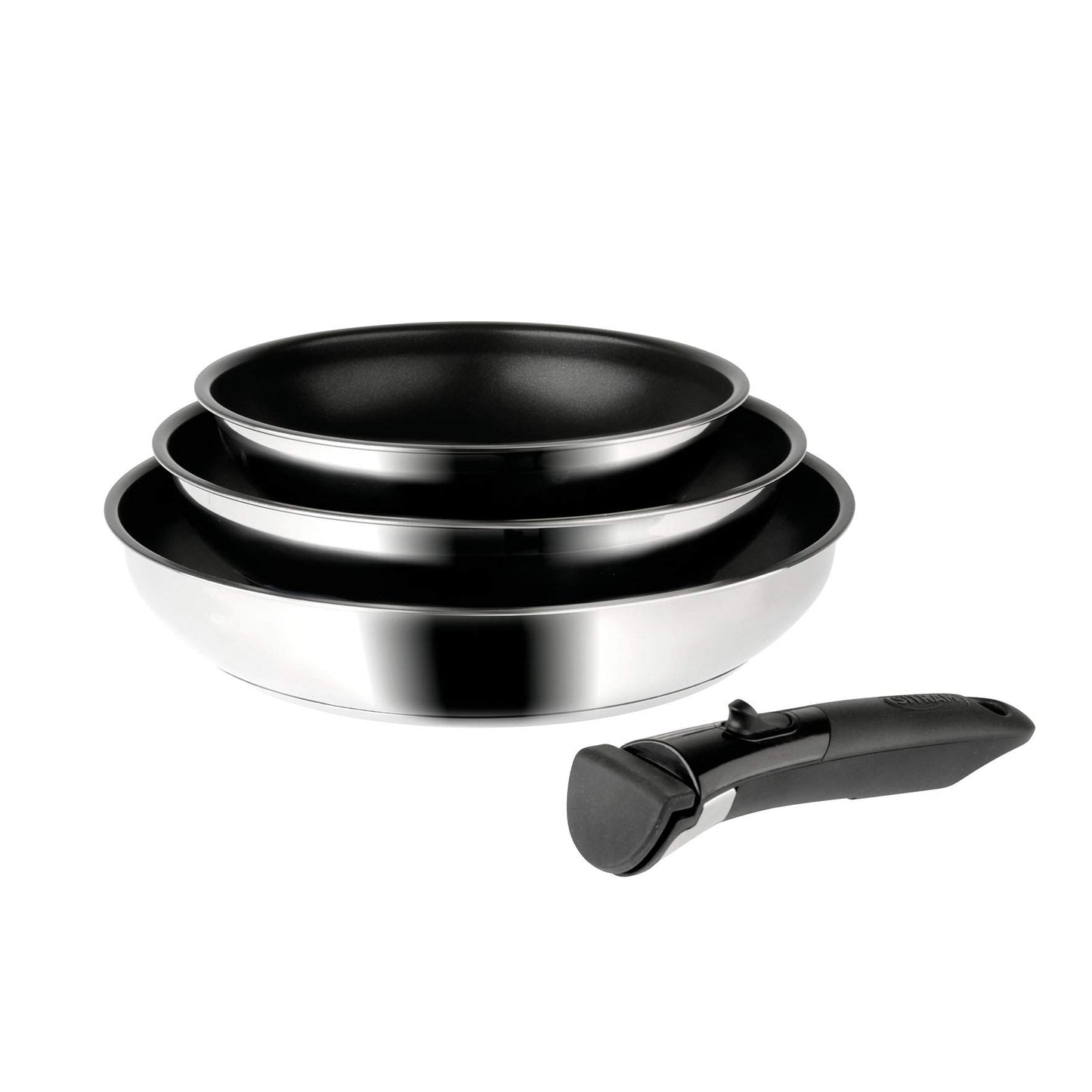 Sitram 713510 komplekts - 3 pannas no pārklāta nerūsējošā tērauda, Ø 20, 24, 28 cm, ar noņemamu rokturi.