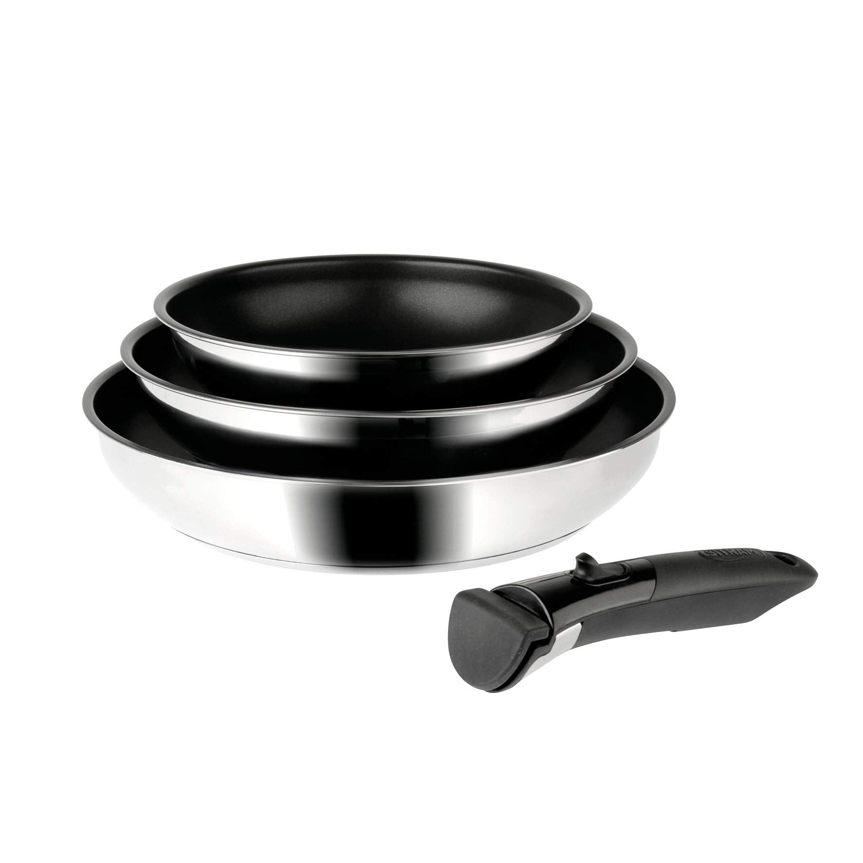Sitram 713510 komplekts - 3 pannas no pārklāta nerūsējošā tērauda, Ø 20, 24, 28 cm, ar noņemamu rokturi.