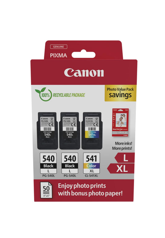 Canon oriģināltinte PG-540L x 2 / CL-541XL - 2x melna XL un 1x krāsa XL, iekļauts Canon fotopapīrs GP-501 50 loksnes.