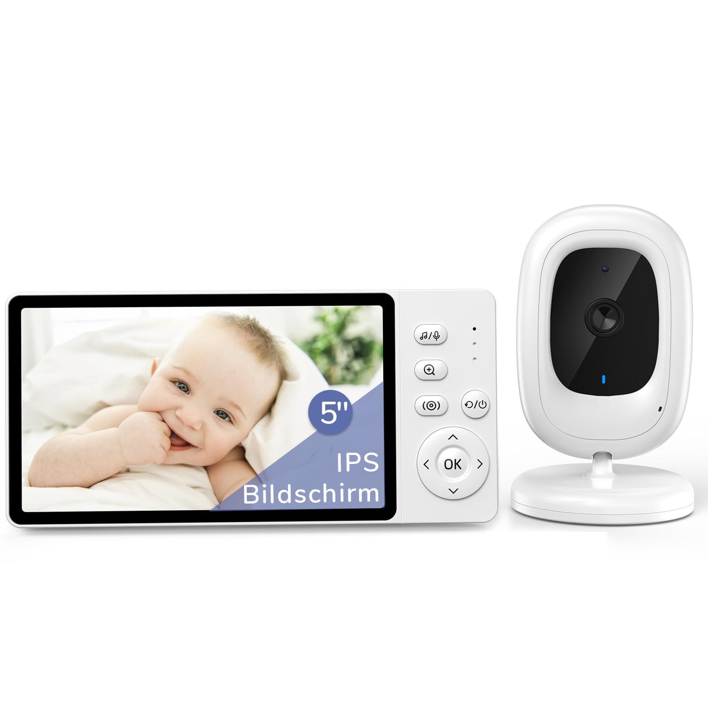 Babyphone ar kameru jeeber bez Wi‑Fi, 1080P, 5 collu IPS mazuļa monitors, 360°