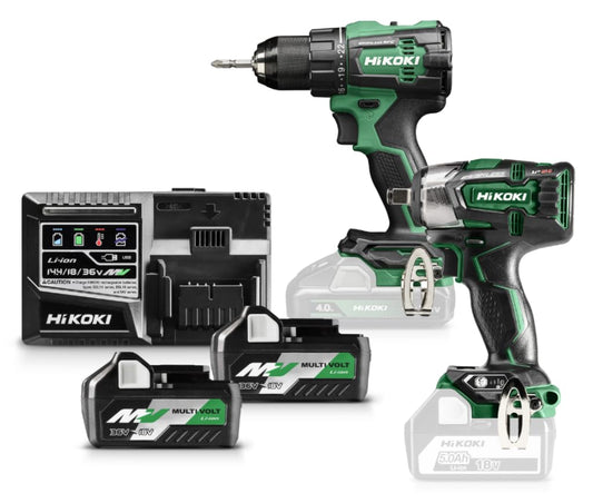 HIKOKI KC18WDZ - 18V cordless drill and impact driver set, 140 Nm and 305 Nm torque, includes 1 battery.