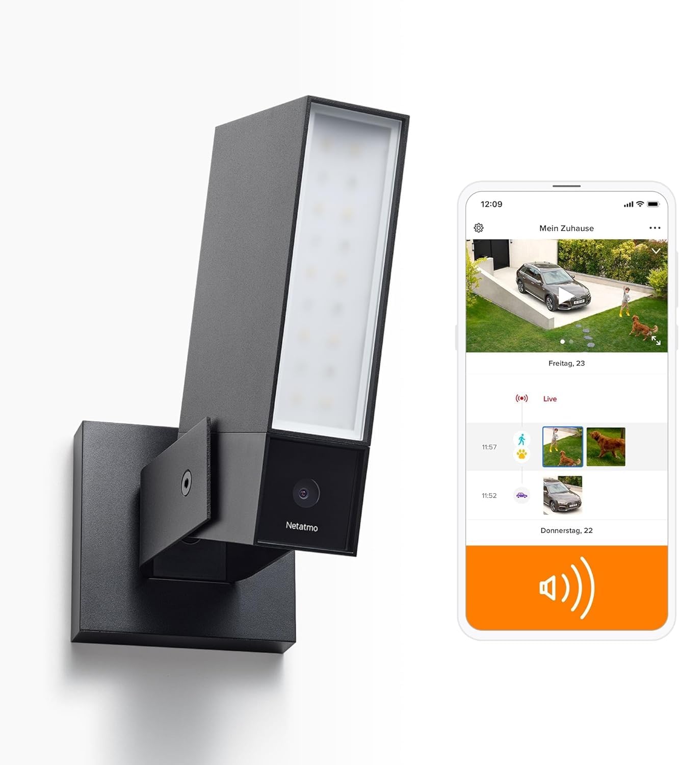 Netatmo AMZ Gudrā uzraudzības kamera āra lietošanai ar 105 dB sirēnu, Wi-Fi, integrētu apgaismojumu, kustības noteikšanu, nakts redzamību, bez abonementa, NOC-S-AMZ, 1080p