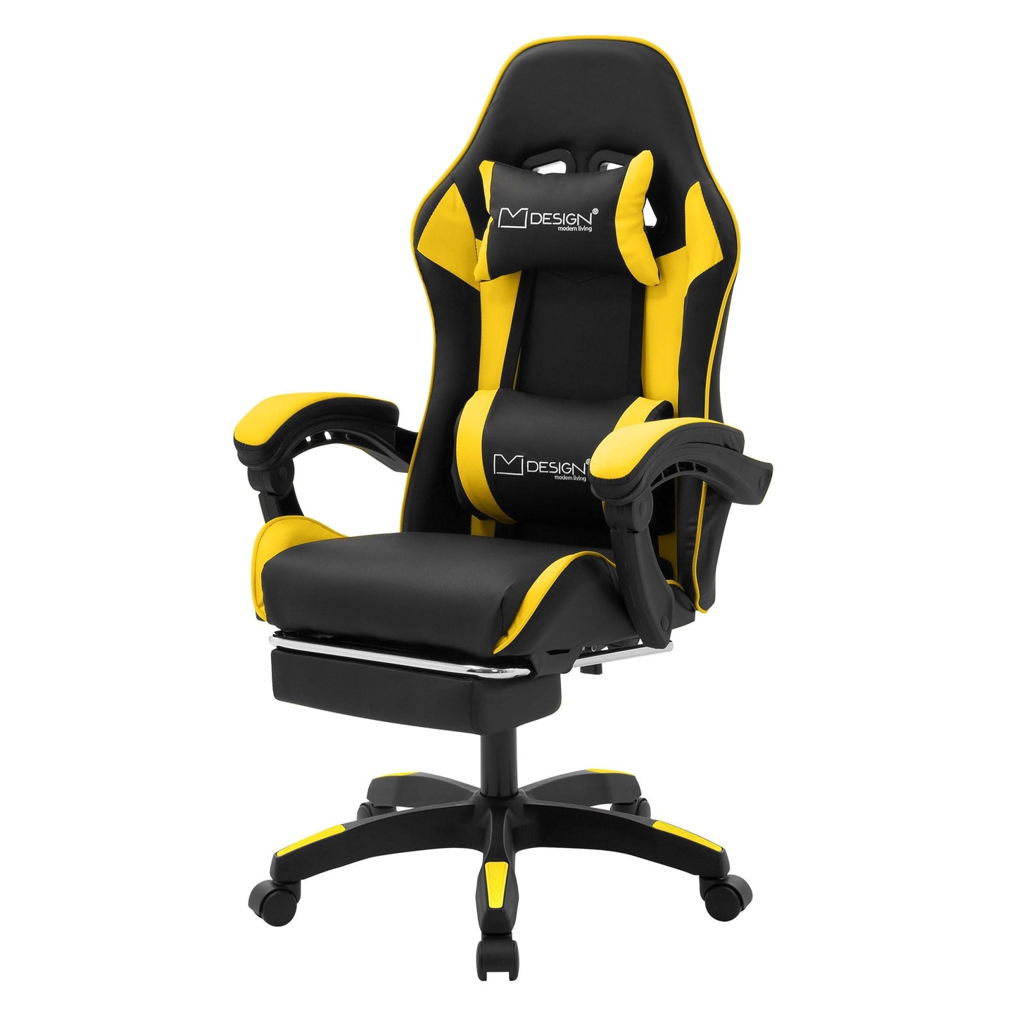 ML-Design spēļu krēsls ar kāju balstu, dzeltens, no mākslīgās ādas, ergonomisks biroja krēsls ar roku balstu, galvas balstu, jostas spilvenu, regulējams grozāms krēsls, sacīkšu spēlētāja krēsls, galda krēsls, grozāms krēsls