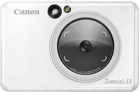 Canon Zoemini S2 - Mini camera and printer, 5x7.6 cm prints, wireless, built-in battery, Bluetooth, pearl white, includes 10 Zink prints.