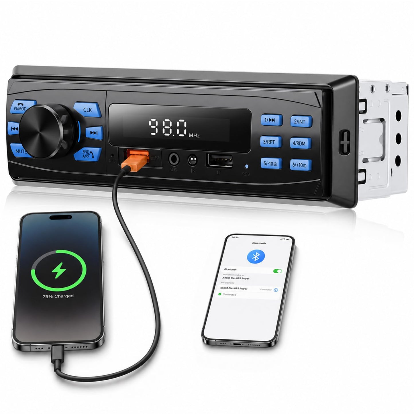 Autoradio GOHHDL1-DIN ar Bluetooth 5.1, Bluetooth tālruņa zvaniem, FM/EQ radio, atmiņas funkciju pēc izslēgšanas, U-diska/AUX/TF/USB pieslēgumiem un skaņas efektiem, zils apgaismojums