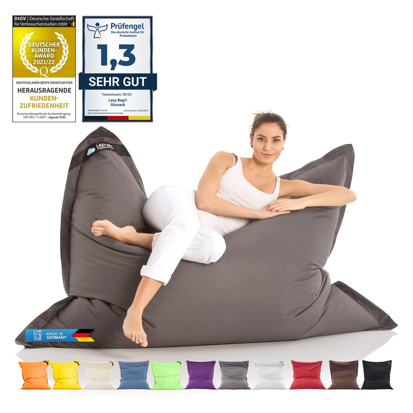 Pufa sēžammaiss XXL 140x180 cm LAZY BAG® – liels sēžammaiss lietošanai iekštelpās un ārā, pelēks