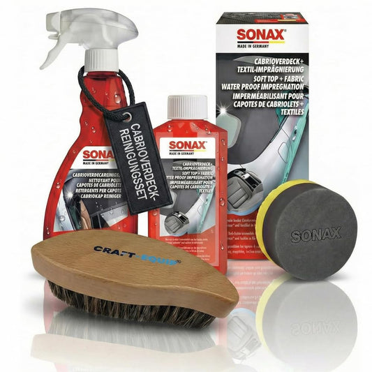 3 daļīgs kabrio jumta tīrīšanas komplekts: SONAX 250ml kabrio jumta impregnācija + kabrio jumta tīrītājs 500ml + Craft-Equip ādas birste saudzīgai un rūpīgai kabrio jumta tīrīšanai