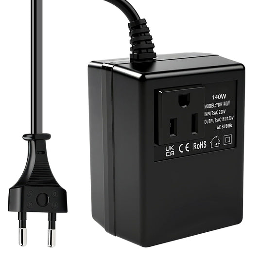 Sprieguma pārveidotājs transformators 220V uz 110V 140W, pazeminošs barošanas adapteris, ceļojumu sprieguma adapteris, EU uz US sprieguma pārveidotājs ar EU spraudni