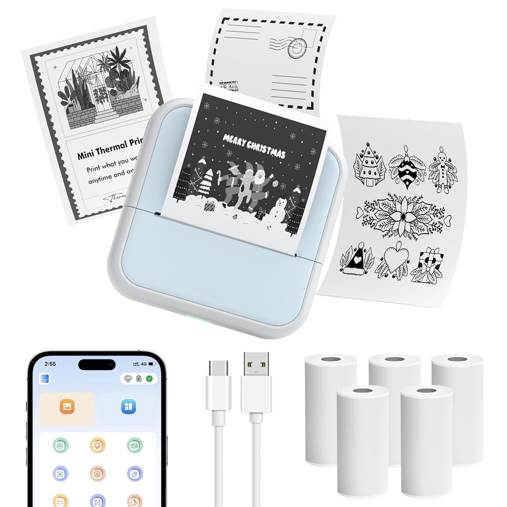 OFFCUP mini termoprinteris, portatīvs Bluetooth fotoprinteris, kabatas printeris ar 5 papīra ruļļiem, mazs printeris mācību piezīmēm, fotogrāfijām un sarakstiem, zils