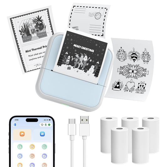 OFFCUP mini termoprinteris, portatīvs Bluetooth fotoprinteris, kabatas printeris ar 5 papīra ruļļiem, mazs printeris mācību piezīmēm, fotogrāfijām un sarakstiem, zils