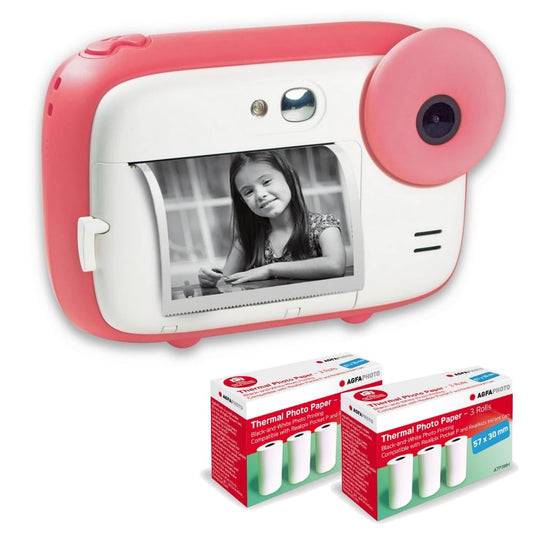AGFA Photo Realikids Instant Cam - 2.4" LCD, selfie mirror, photo filters, includes 6 rolls of thermal paper, pink.