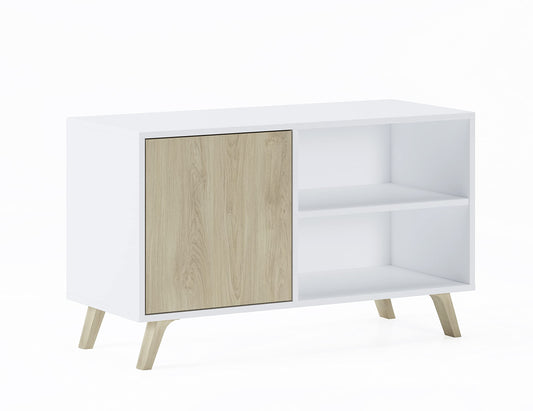 Skraut Home – TV skapītis viesistabai – 57 x 95 x 40 cm – piemērots 32/40" televizoriem – modelis Wind 100 – matēti balts – Puccini krāsa ar durvīm.