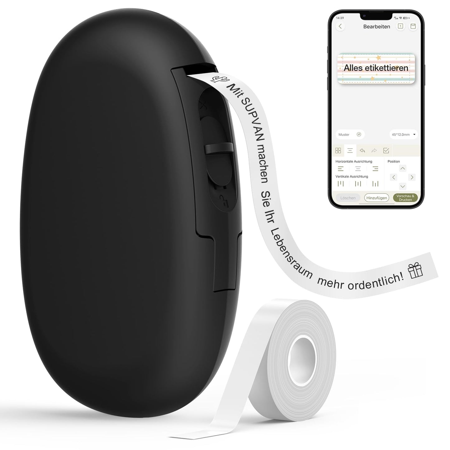 Etiķešu printeris SUPVAN E10 ar Bluetooth un nepārtrauktām etiķetēm, melns