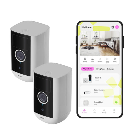 OMAJIN by Netatmo, komplekts ar 2 bezvadu drošības kamerām, iekštelpām/āra, 2K, 140° skatījuma leņķis, IP65, 64 GB SD, mākoņkrātuve, kustības/ cilvēku atpazīšana, 9600mAh akumulators, 2 virzienu audio, OBU-2OWC
