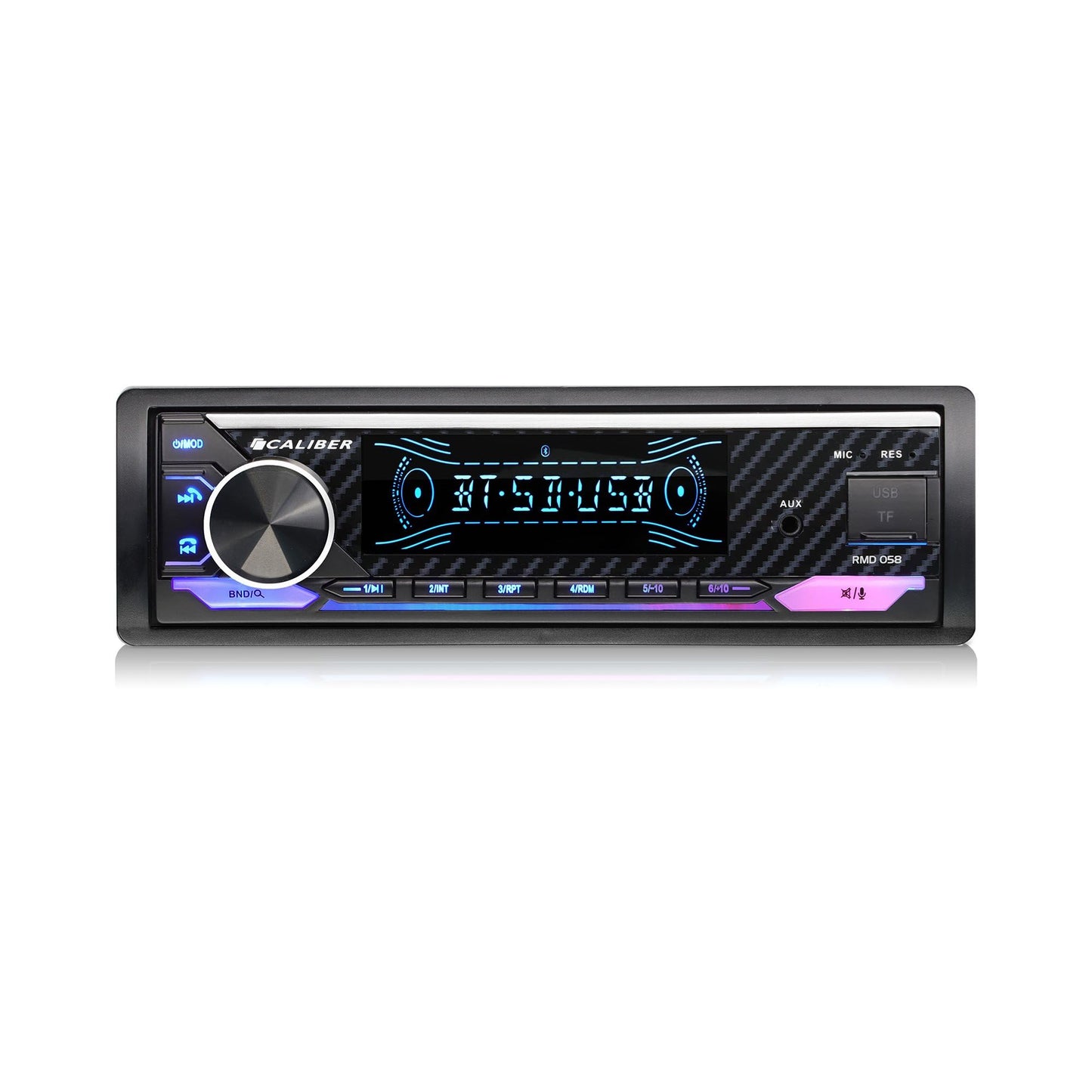 Caliber autoradio ar Bluetooth un USB, 1-DIN RMD058, brīvroku sistēma, 4x100W, multikrāsu, 110mm montāžas dziļums, ar ārējo mikrofonu