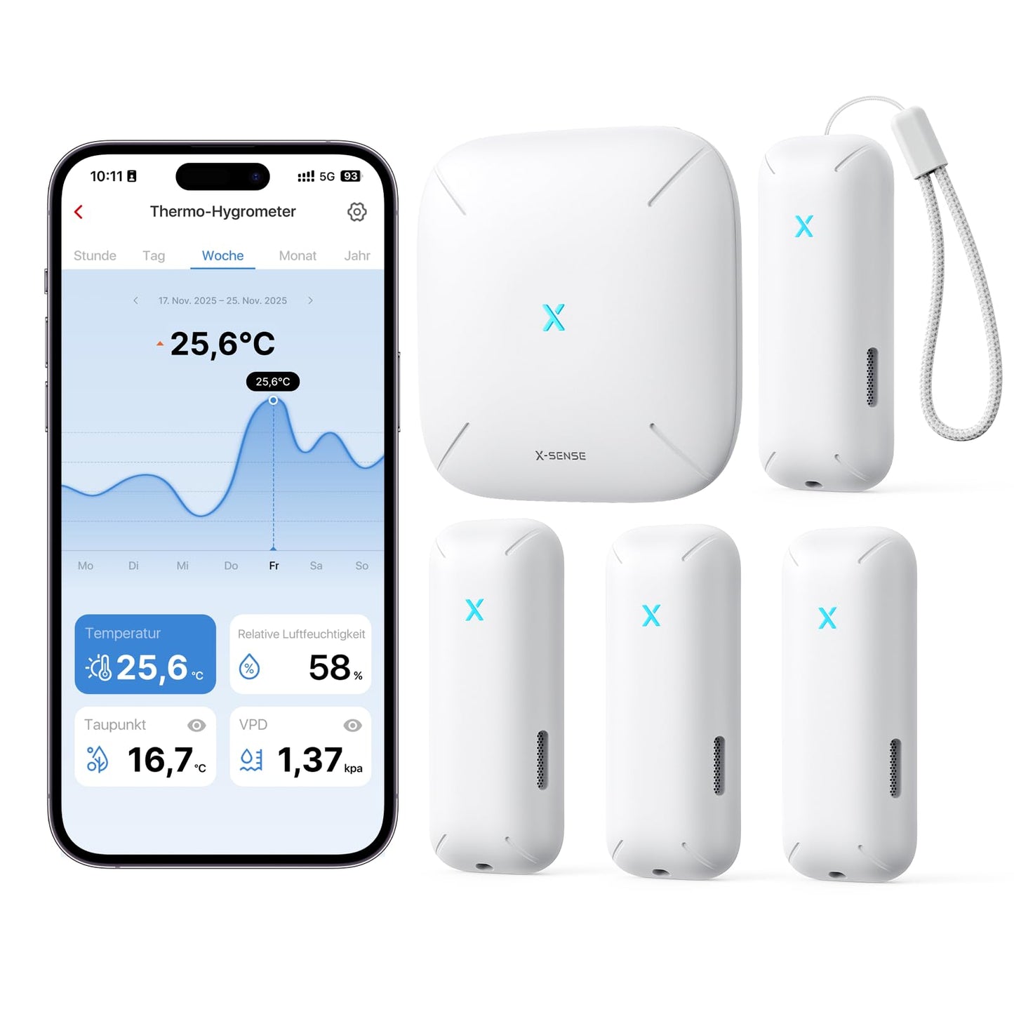 Wi-Fi termometrs un higrometrs X-SENSE ar SBS50 bāzes staciju, viedais iekštelpu temperatūras un mitruma sensors, lietotnes paziņojumi, 4 sensori, STH0B41