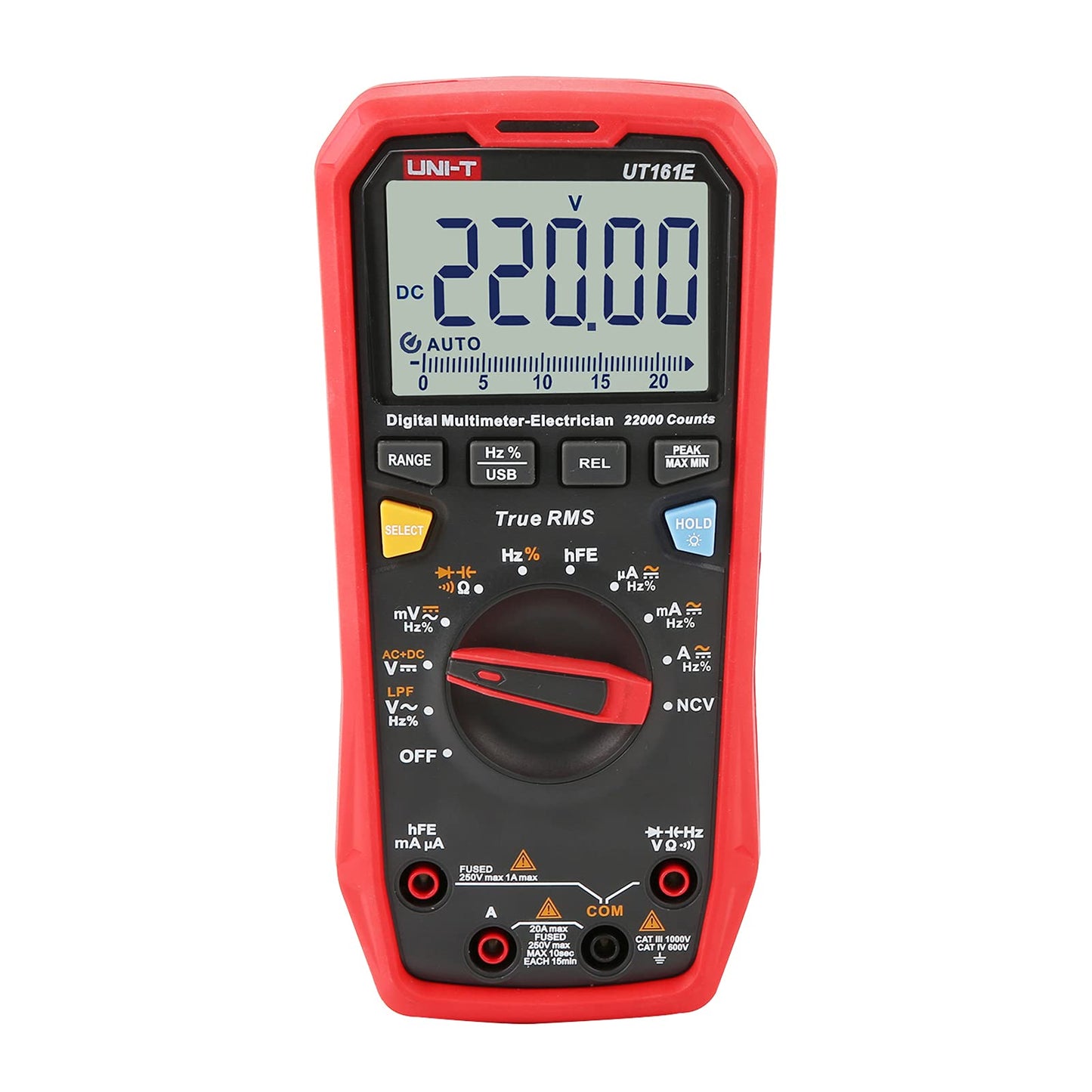 UNI-T UT161E digitālais multimetrs 1000V 20A 22000 skaitījumu displejs, NCV, hFE, auto diapazons, True RMS, AC/DC strāva, spriegums, pretestība, kapacitātes testeris