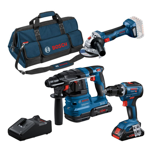 Bosch Professional 18V sistēmas komplekts - urbjmašīna GSR 18V-55, leņķa slīpmašīna GWS 18V-7, perforators GBH 18V-22, 2x 4.0Ah akumulatori.