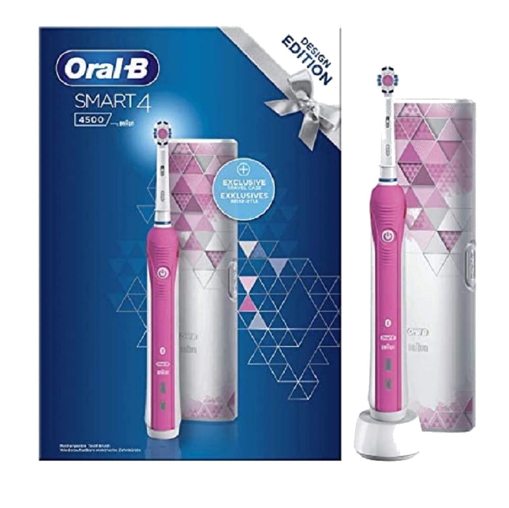 Uzlādējama elektriskā zobu birste Oral-B Design Edition Smart4 – 4500 no Braun, 1 rozā zobu birste ar Bluetooth, 1 birstes galva, 1 ekskluzīvs ceļojuma futrālis