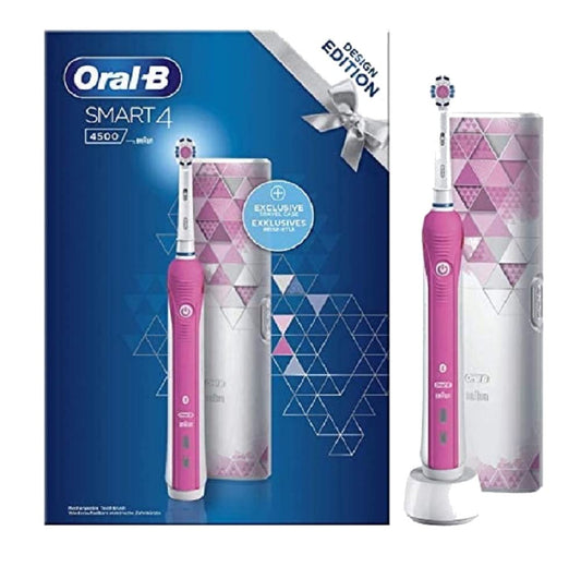 Uzlādējama elektriskā zobu birste Oral-B Design Edition Smart4 – 4500 no Braun, 1 rozā zobu birste ar Bluetooth, 1 birstes galva, 1 ekskluzīvs ceļojuma futrālis