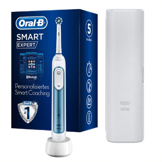 Oral-B Smart Expert elektriskā zobu birste, 5 tīrīšanas režīmi zobu kopšanai un Bluetooth lietotne, ceļojuma maciņš, izstrādājusi Braun, zila