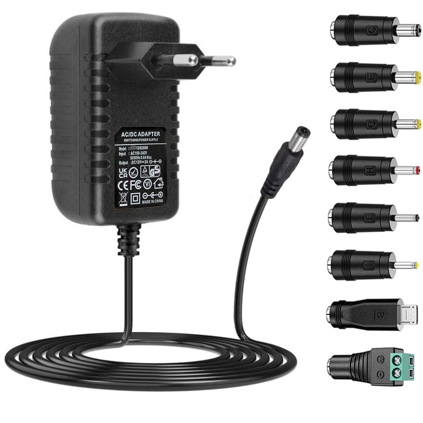 AC adapteris ZUOKENZU 12V 2A, AC220V uz DC12V, 5,5mm, 8 DC spraudņu adapteri, AC-DC pārveidotājs (DC12V~2A)
