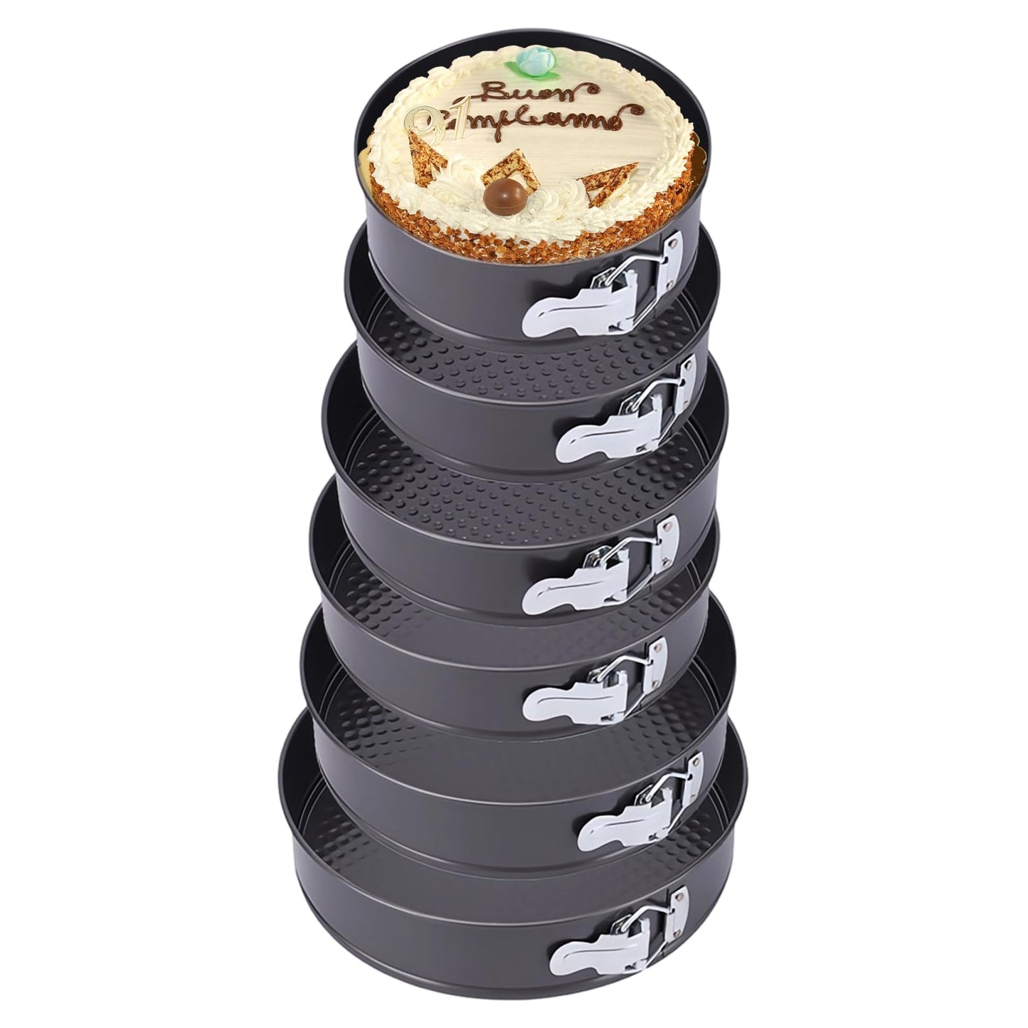 Apaļa kūku forma TIANLIN Springform komplekts, 6 gab., Ø18–28 cm, oglekļa tērauds ar pretpiedeguma pārklājumu, noplūdes droša pamatne, karstumizturīga līdz 230°C