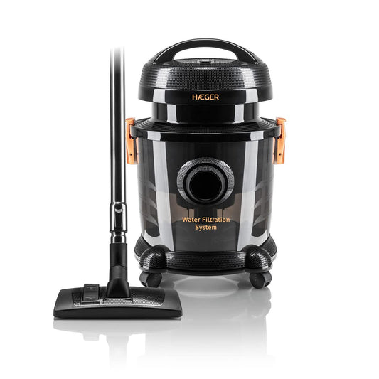 HAEGER AQUACLEAN 1200 VC-12W.044A - melns putekļsūcējs ar ūdens filtru, efektīva putekļu un alergēnu noņemšana.