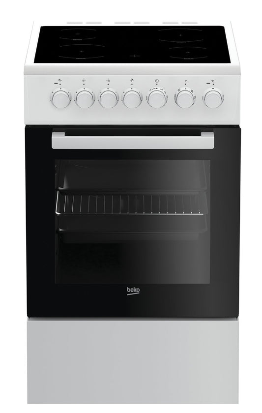 Beko FSM57100GW b100 elektriskā plīts ar stikla keramikas virsmu, brīvi stāvoša, 50 cm stāvoša plīts, 55 litru tilpums, taimeris, viegli kopjama emaljēšana, noņemama cepeškrāsns durvis, melna