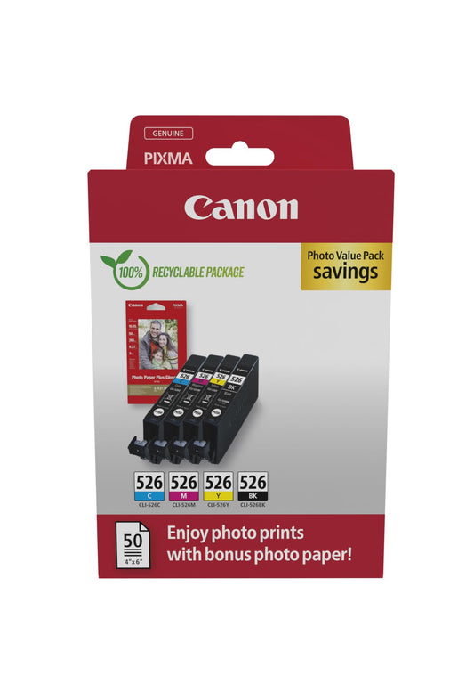 Canon CLI-526 C M Y BK - Original ink cartridge set with black, cyan, magenta, yellow + 50 sheets 10x15cm photo paper.