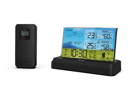 Laikapstākļu stacija SOUCCESS Funk-Wetterstation „Deluxe Neo“ ar radio pulksteni, krāsains displejs, āra sensors, mēness fāze, temperatūra, gaisa spiediens, barošanas adapters