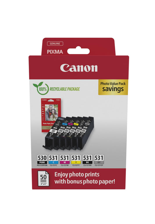 Canon PGI-530 / CLI-531 ink cartridge set - 6 cartridges (2 black, cyan, magenta, yellow, gray) with 50 sheets 4x6 photo paper.