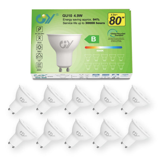 GU10 LED spuldze GY, neitrāli balta 4.9W 790 Lumen 4000K, 80W nomaiņa, 120° starojuma leņķis, nedimmējama, energoefektīva, 10 gab.