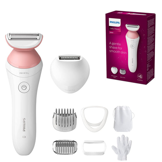 PHILIPS Lady Shaver Series 6000, Bezvadu skuveklis ar 6 piederumiem ķermeņa skrubja cimdiem, bikini zonas trimmeris (modelis BRL146/00), Balts/Rozā