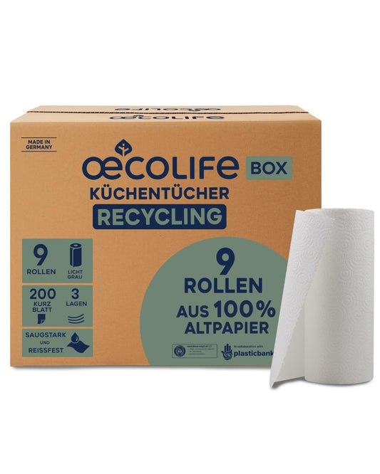 Virtuves papīra dvieļi œcolife Küchentücher Box Recycling, 9 ruļļi x 200 lapas, īsās lapas