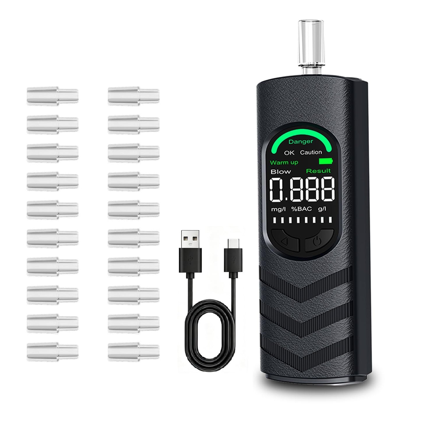 Alkohola testeris YRHWS ar USB-C akumulatoru | profesionāls promiļu mērītājs ar 2 sensoriem, 20 iemutņiem un digitālu LCD ekrānu