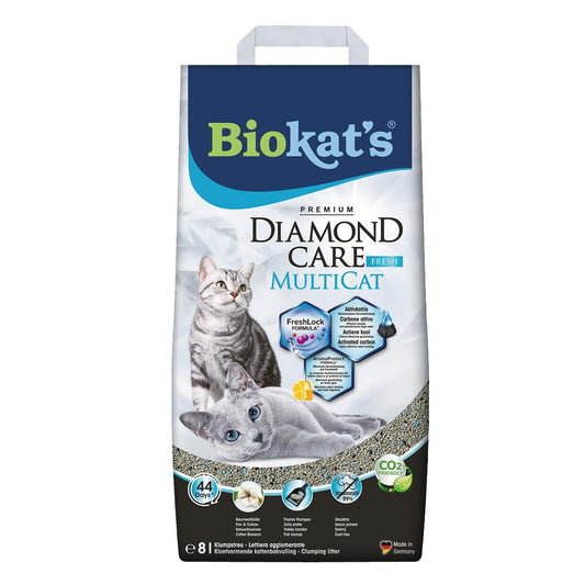 Kaķu pakaiši Biokat's Diamond Care MultiCat Fresh ar smaržu, bentonīta smalkie kunkuļu pakaiši ar aktivēto ogli daudzkaķu mājsaimniecībām, 1 maisiņš (1 x 8 L)