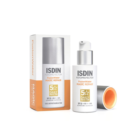Sejas saules aizsargkrēms ISDIN Fusion Water Magic Repair SPF 50 – anti-age un UV aizsardzība, hialuronskābe, īpaši viegls, 50ml