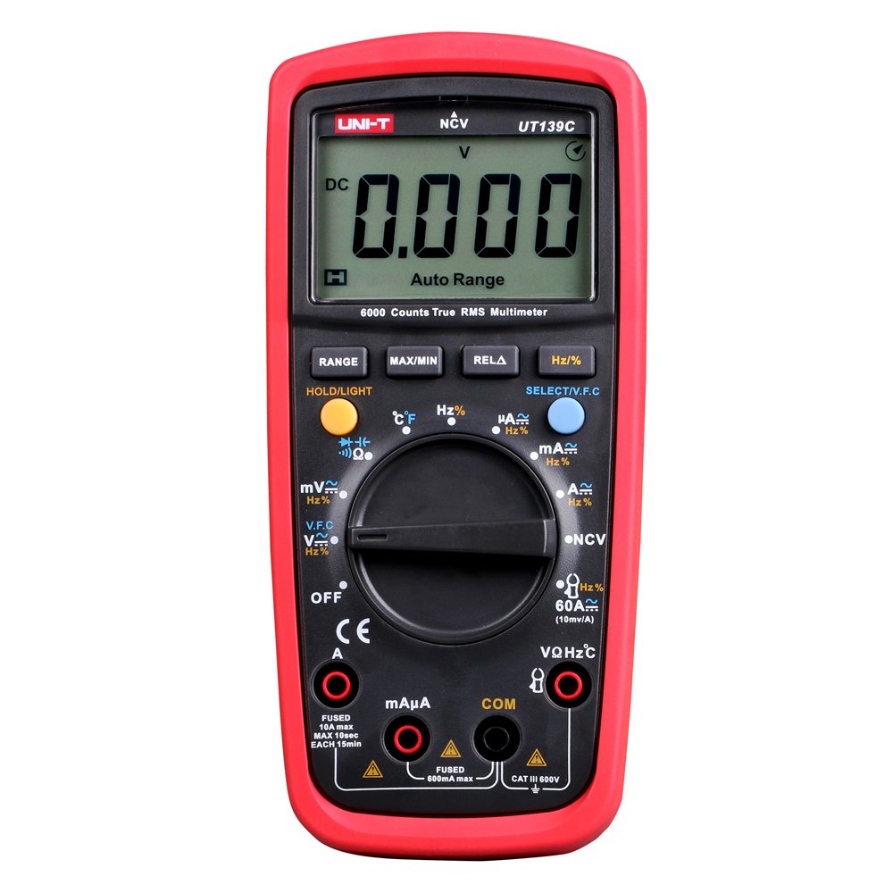 Digitālais multimetrs UNI-T UT139C CAT III 600V True RMS ar frekvences, NCV, pretestības, sprieguma un temperatūras mērījumiem, sarkans/pelēks