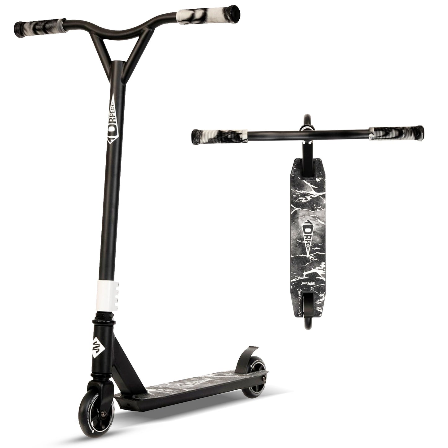 Street Surfing Stunt Scooter Torpedo – izturīgs alumīnija skrejritenis – ABEC 7 lodīšu gultņi, freestyle un triku skrejritenis ar 100 mm riteņiem (White Crack)