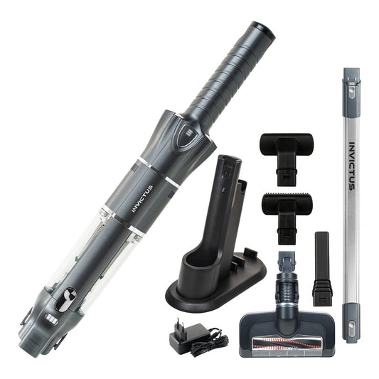 Genius Invictus One 3.0 A28340 - Black and silver cordless vacuum, 120W, 100ml capacity, 74dB noise level.