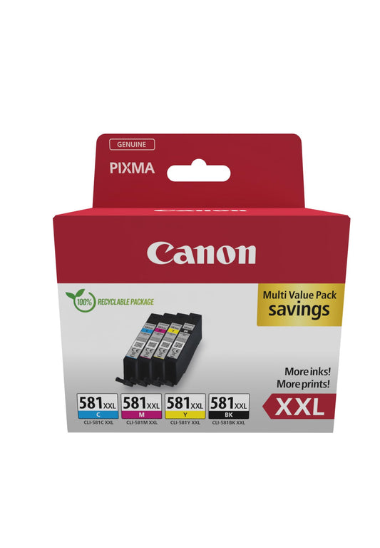 Canon CLI-581 XXL Ink Cartridge Set - High-capacity black, cyan, magenta, yellow, eco-friendly packaging, theft protection.