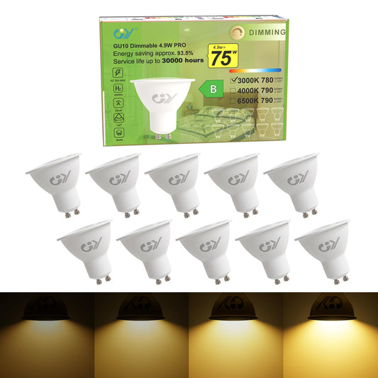 GY GU10 dimmējama LED spuldze silti balta, 4.9W 780 lūmeni 3000K silti baltas spuldzes, 75W spuldzes nomaiņa, 120° starošanas leņķis, GU10 dimmējama, energotaupīga spuldze, 10 gab.