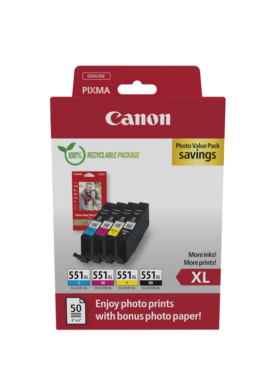 Canon CLI-551 XL C M Y BK - 4 lielas ietilpības tintes kasetnes, oriģināls, videi draudzīgs kartona iepakojums 2024